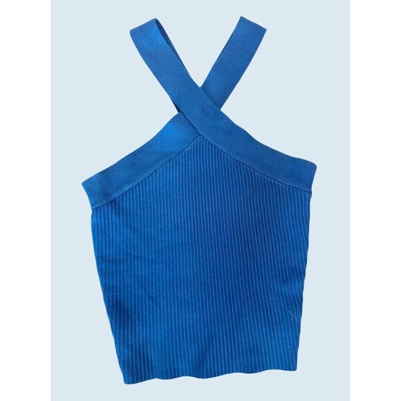 HOUSE OF HARLOW 1960 Blue Ribbed Halter Cross Strap Top Size XS - Picture 2 of 7
